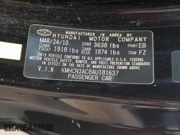 2010 Hyundai Accent SE with VIN KMHCN3AC8AU181637, listed as a Copart auction lot 63095135 with 195,945 mi miles and Salvage title. Bid and sale history available at DreamBid. Image 12.