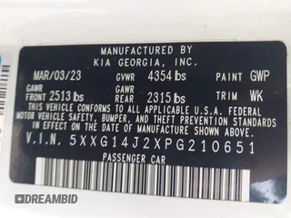 2023 Kia K5 LXS z VIN 5XXG14J2XPG210651, wystawiony jako IAAI lot #42243437 z przebiegiem 37 367 mil mil oraz . Historia ofert i sprzedaży dostępna na DreamBid. Obrazek 9.