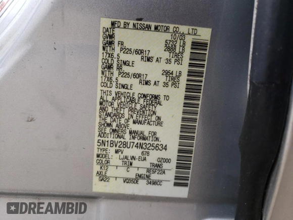 2004 Nissan Quest SE z VIN 5N1BV28U74N325634, wystawiony jako Copart lot #54238404 z przebiegiem Nie podano mil oraz Szkoda całkowita • Salvage title. Historia ofert i sprzedaży dostępna na DreamBid. Obrazek 14.