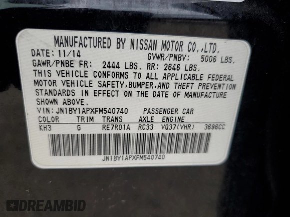 2015 Infiniti Q70 with VIN JN1BY1APXFM540740, listed as a Copart auction lot 55479495 with 140,344 mi miles and Salvage title. Bid and sale history available at DreamBid. Image 13.