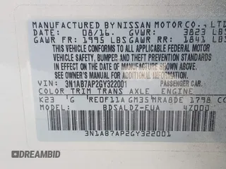 2016 Nissan Sentra SV with VIN 3N1AB7AP2GY322001, listed as a IAAI auction lot 42006963 with 60,250 mi miles and . Bid and sale history available at DreamBid. Image 9.