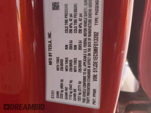 2021 Tesla Model 3 Performance with VIN 5YJ3E1EC9MF013392, listed as a Copart auction lot 48488125 with 55,402 mi miles and Salvage Title. Bid and sale history available at DreamBid. Image 14.