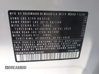 2024 Volkswagen Tiguan S with VIN 3VVRB7AX4RM232229, listed as a IAAI auction lot 41673555 with 333 mi miles and . Bid and sale history available at DreamBid. Image 9.