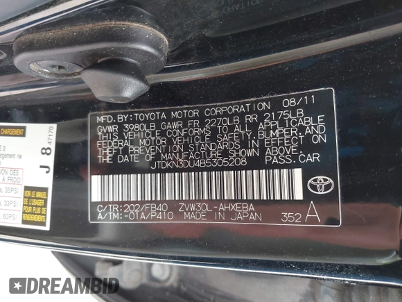 2011 Toyota Prius I with VIN JTDKN3DU4B5305208, listed as a IAAI auction lot 41577276 with 168,473 mi miles. Bid and sale history available at carsss.com. Image 9.