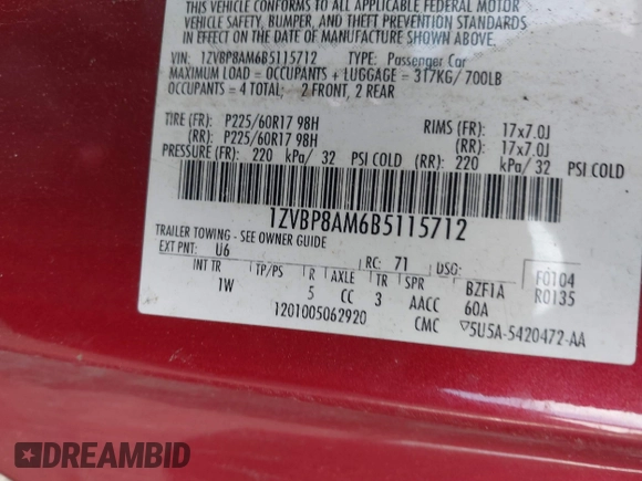 2011 Ford Mustang V6 with VIN 1ZVBP8AM6B5115712, listed as a IAAI auction lot 41918263 with Not provided miles and . Bid and sale history available at DreamBid. Image 9.