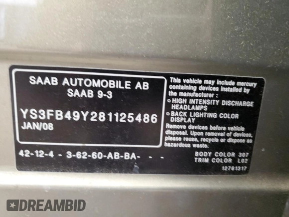 2008 Saab 9-3 z VIN YS3FB49Y281125486, wystawiony jako Copart lot #46037645 z przebiegiem 112 605 mil mil oraz Szkoda całkowita • Salvage title. Historia ofert i sprzedaży dostępna na DreamBid. Obrazek 13.