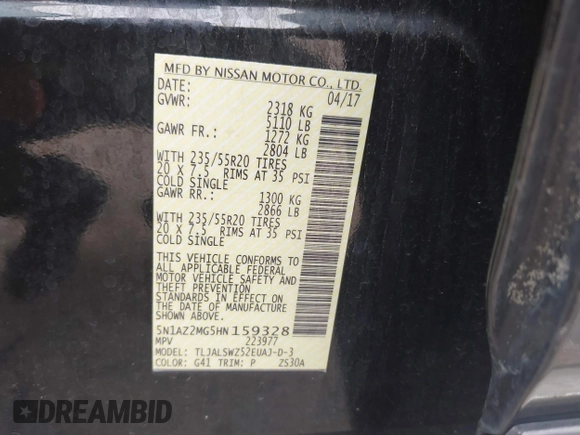 2017 Nissan Murano SL z VIN 5N1AZ2MG5HN159328, wystawiony jako IAAI lot #42130768 z przebiegiem 77 822 mil mil oraz . Historia ofert i sprzedaży dostępna na DreamBid. Obrazek 9.