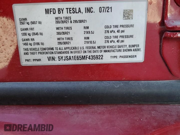 2021 Tesla Model S Plaid z VIN 5YJSA1E65MF435922, wystawiony jako Copart lot #77417854 z przebiegiem Nie podano mil oraz Szkoda całkowita • Salvage title. Historia ofert i sprzedaży dostępna na DreamBid. Obrazek 15.