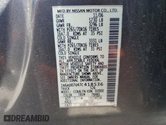 2007 Nissan Frontier SE with VIN 1N6AD07U47C418536, listed as a Copart auction lot 56171505 with 144,148 mi miles and Salvage title. Bid and sale history available at DreamBid. Image 12.