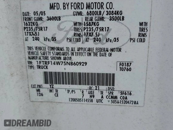 2005 Ford F-150 XL with VIN 1FTRF14W75NB60929, listed as a Copart auction lot 50913565 with 182,845 mi miles and Salvage Title. Bid and sale history available at carsss.com. Image 12.