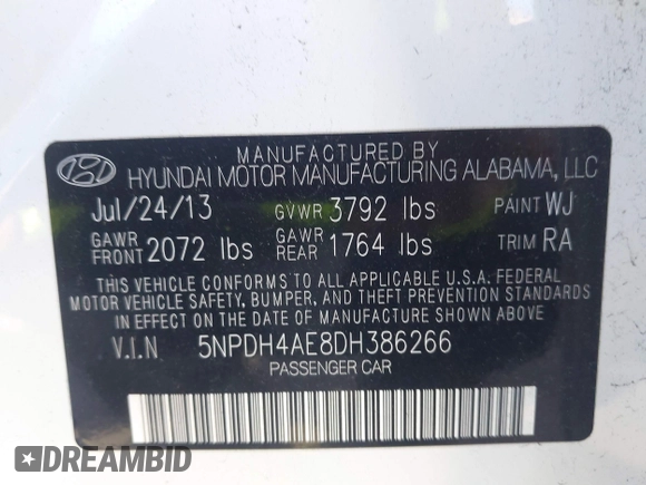 2013 Hyundai Elantra GLS with VIN 5NPDH4AE8DH386266, listed as a IAAI auction lot 42665606 with 120,900 mi miles and . Bid and sale history available at DreamBid. Image 9.