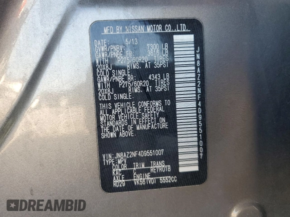 2013 Infiniti QX56 with VIN JN8AZ2NF4D9551007, listed as a Copart auction lot 48231285 with 239,531 mi miles and Salvage title. Bid and sale history available at DreamBid. Image 16.