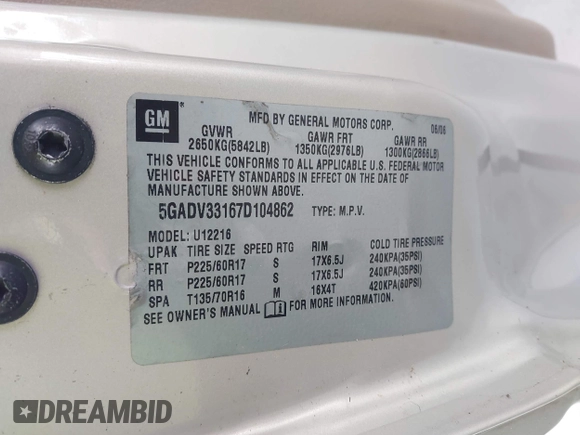 2007 Buick Terraza CXL with VIN 5GADV33167D104862, listed as a IAAI auction lot 42083149 with 212,561 mi miles and . Bid and sale history available at DreamBid. Image 9.