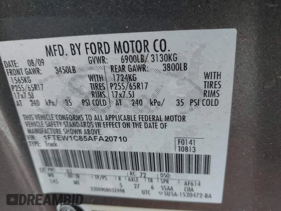 2010 Ford F-150 XL with VIN 1FTEW1C85AFA20710, listed as a IAAI auction lot 41309998 with 240,085 mi miles. Bid and sale history available at carsss.com. Image 9.