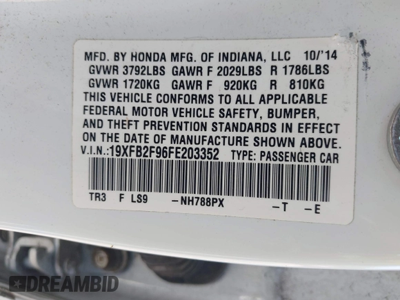 2015 Honda Civic EX-L with VIN 19XFB2F96FE203352, listed as a IAAI auction lot 42136173 with 152,124 mi miles. Bid and sale history available at carsss.com. Image 9.