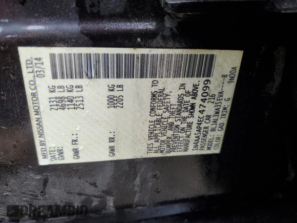 2014 Nissan Maxima S with VIN 1N4AA5AP4EC474099, listed as a Copart auction lot 61200885 with 94,977 mi miles and Salvage title. Bid and sale history available at DreamBid. Image 12.
