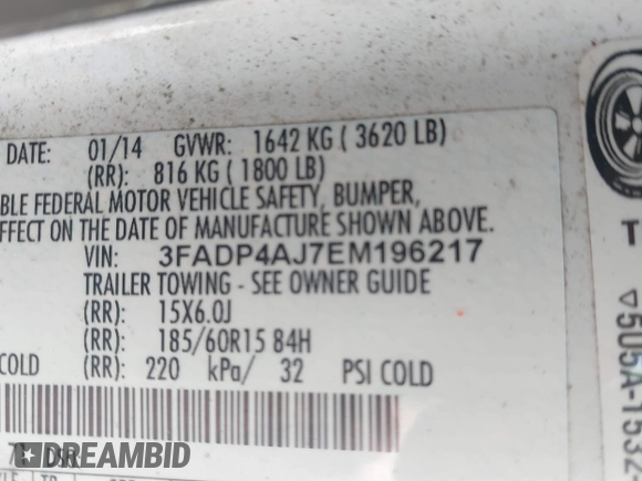 2014 Ford Fiesta S с VIN 3FADP4AJ7EM196217, выставлен на аукционе IAAI как лот 42263196 с пробегом Не указан миль и . История ставок и продаж доступна на DreamBid. Изображение 9.