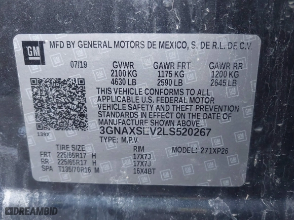 2020 Chevrolet Equinox LS with VIN 3GNAXSEV2LS520267, listed as a IAAI auction lot 41876431 with 85,992 mi miles. Bid and sale history available at carsss.com. Image 9.