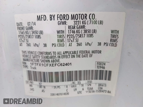 2014 Ford F-150 XL with VIN 1FTFX1CFXEFC62401, listed as a IAAI auction lot 41525607 with 138,459 mi miles. Bid and sale history available at carsss.com. Image 9.