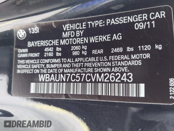 2012 BMW 1 Series 135i with VIN WBAUN7C57CVM26243, listed as a IAAI auction lot 42222452 with 110,795 mi miles and . Bid and sale history available at DreamBid. Image 9.