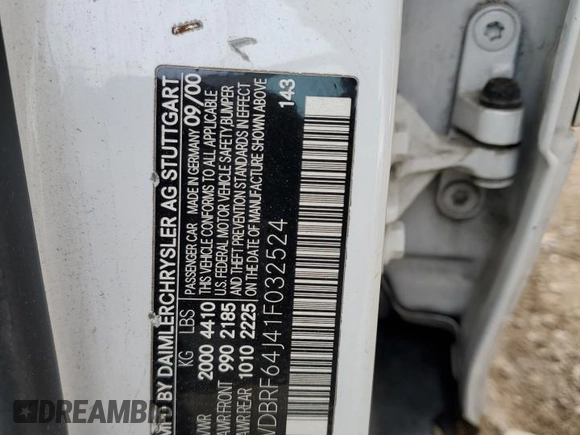 2001 Mercedes-Benz C 320 z VIN WDBRF64J41F032524, wystawiony jako Copart lot #54593195 z przebiegiem 108 126 mil mil oraz Szkoda całkowita • Salvage title. Historia ofert i sprzedaży dostępna na DreamBid. Obrazek 12.