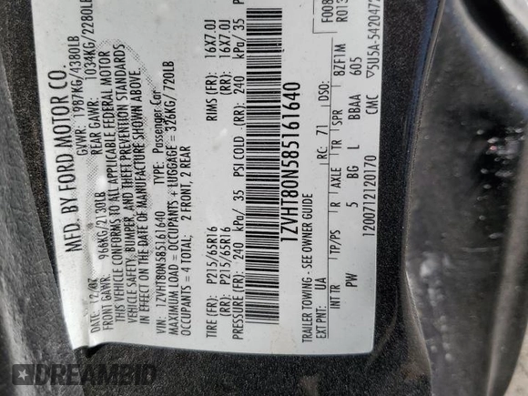 2008 Ford Mustang Deluxe with VIN 1ZVHT80N585161640, listed as a Copart auction lot 58760115 with 137,333 mi miles and Salvage title. Bid and sale history available at DreamBid. Image 12.