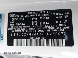 2014 Kia Optima LX with VIN 5XXGM4A72EG260072, listed as a IAAI auction lot 42109844 with 167,910 mi miles and . Bid and sale history available at carsss.com. Image 9.