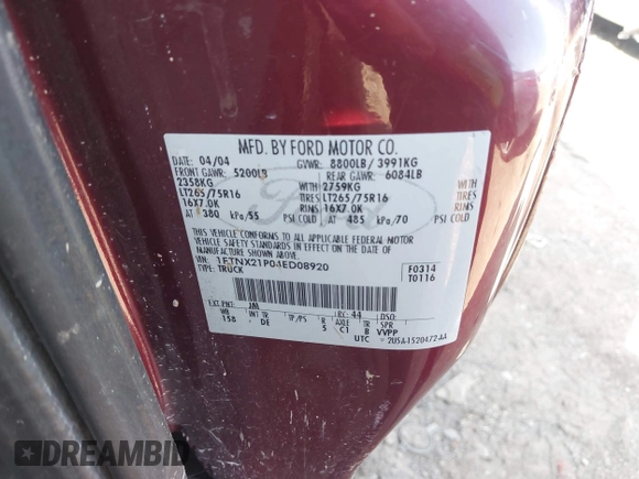 2004 Ford F-250 XL z VIN 1FTNX21P04ED08920, wystawiony jako IAAI lot #42020592 z przebiegiem 160 669 mil mil oraz . Historia ofert i sprzedaży dostępna na DreamBid. Obrazek 9.