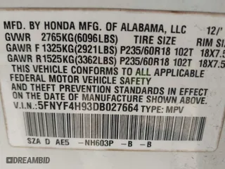 2013 Honda Pilot Touring with VIN 5FNYF4H93DB027664, listed as a IAAI auction lot 41587631 with 1 mi miles. Bid and sale history available at carsss.com. Image 9.