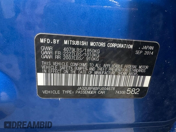 2015 Mitsubishi Lancer GT with VIN JA32U8FW3FU004678, listed as a Copart auction lot 79781504 with 187,105 mi miles and Clean Title. Bid and sale history available at DreamBid. Image 10.