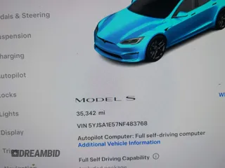 2022 Tesla Model S with VIN 5YJSA1E57NF483768, listed as a IAAI auction lot 41069339 with 35,342 mi miles and . Bid and sale history available at DreamBid. Image 7.
