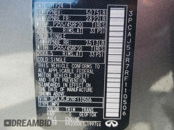 2024 Infiniti QX55 Luxe с VIN 3PCAJ5JR7RF110506, выставлен на аукционе Copart как лот 58578335 с пробегом 4 380 миль миль и Списание • Salvage title. История ставок и продаж доступна на DreamBid. Изображение 14.