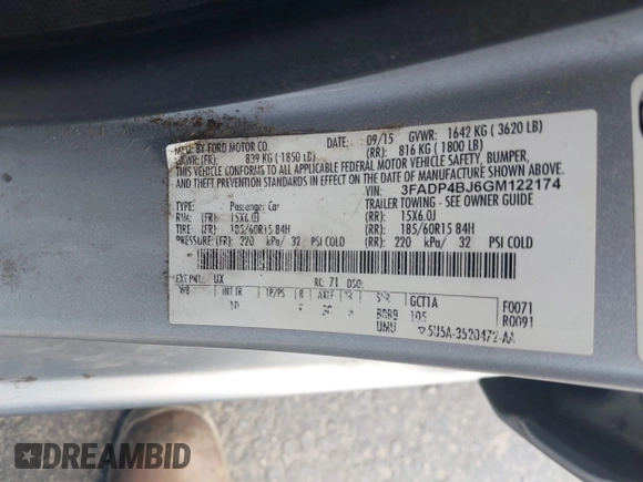 2016 Ford Fiesta SE with VIN 3FADP4BJ6GM122174, listed as a IAAI auction lot 42161294 with 138,090 mi miles. Bid and sale history available at carsss.com. Image 9.