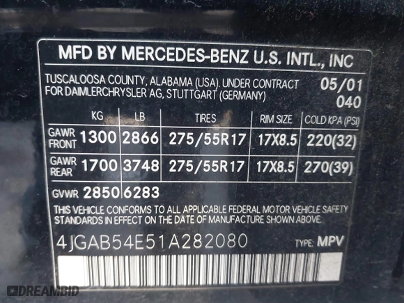 2001 Mercedes-Benz M-Class with VIN 4JGAB54E51A282080, listed as a IAAI auction lot 41437518 with 257,702 mi miles. Bid and sale history available at carsss.com. Image 9.