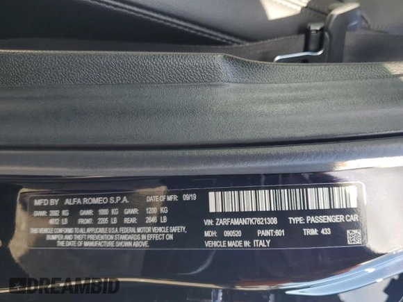 2019 Alfa Romeo Giulia Sport with VIN ZARFAMAN7K7621308, listed as a Copart auction lot 75703084 with 31,090 mi miles and Salvage Title. Bid and sale history available at carsss.com. Image 13.