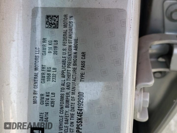 2014 Buick Verano with VIN 1G4PP5SK4E4192900, listed as a Copart auction lot 60107445 with 41,577 mi miles and Salvage title. Bid and sale history available at DreamBid. Image 12.