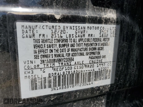 2021 Nissan Sentra S z VIN 3N1AB8BV8MY230664, wystawiony jako Copart lot #57080355 z przebiegiem 45 439 mil mil oraz Szkoda całkowita • Salvage title. Historia ofert i sprzedaży dostępna na DreamBid. Obrazek 12.