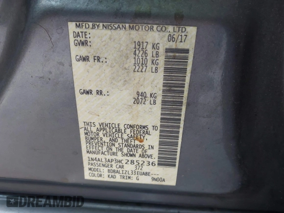 2017 Nissan Altima SV with VIN 1N4AL3AP3HC285236, listed as a IAAI auction lot 41272147 with 246,465 mi miles and . Bid and sale history available at carsss.com. Image 9.