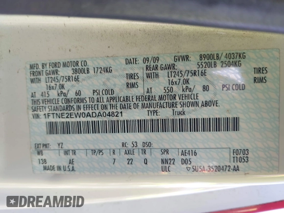 2010 Ford Econoline Cargo Commercial with VIN 1FTNE2EW0ADA04821, listed as a IAAI auction lot 41707886 with 162,929 mi miles and . Bid and sale history available at DreamBid. Image 9.