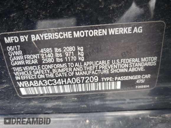 2017 BMW 3 Series 320i xDrive z VIN WBA8A3C34HA067209, wystawiony jako Copart lot #61074805 z przebiegiem 93 838 mil mil oraz Szkoda całkowita • Salvage title. Historia ofert i sprzedaży dostępna na DreamBid. Obrazek 12.