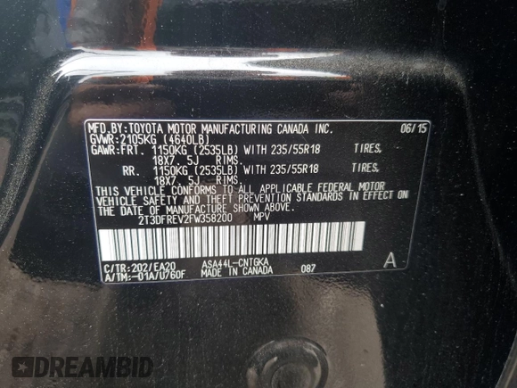 2015 Toyota RAV4 Limited z VIN 2T3DFREV2FW358200, wystawiony jako Copart lot #60098085 z przebiegiem 103 566 mil mil oraz Szkoda całkowita • Salvage title. Historia ofert i sprzedaży dostępna na DreamBid. Obrazek 13.