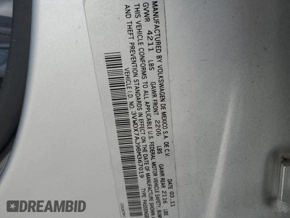 2011 Volkswagen Jetta SE with VIN 3VWDX7AJ9BM367019, listed as a Copart auction lot 84327534 with Not provided miles and Salvage title. Bid and sale history available at DreamBid. Image 13.