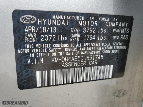 2013 Hyundai Elantra GLS PZEV with VIN KMHDH4AE5DU851748, listed as a Copart auction lot 48016695 with 83,272 mi miles and Salvage Title. Bid and sale history available at carsss.com. Image 14.