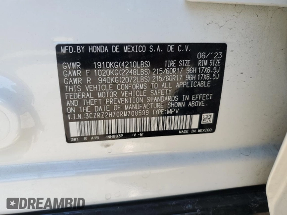 2024 Honda HR-V EX-L with VIN 3CZRZ2H70RM708599, listed as a Copart auction lot 53356745 with 18,419 mi miles and Salvage title. Bid and sale history available at DreamBid. Image 15.