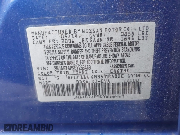2014 Nissan Sentra SR z VIN 3N1AB7AP9EY258469, wystawiony jako IAAI lot #41504693 z przebiegiem 61 385 mil mil oraz . Historia ofert i sprzedaży dostępna na DreamBid. Obrazek 9.