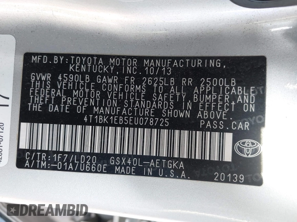 2014 Toyota Avalon Limited with VIN 4T1BK1EB5EU078725, listed as a IAAI auction lot 41837540 with 130,151 mi miles. Bid and sale history available at carsss.com. Image 9.