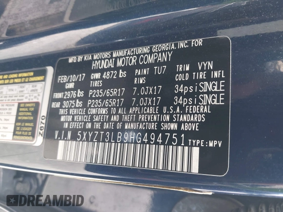 2017 Hyundai Santa Fe Sport 2.4L with VIN 5XYZT3LB9HG494751, listed as a IAAI auction lot 41914656 with 112,101 mi miles. Bid and sale history available at carsss.com. Image 9.