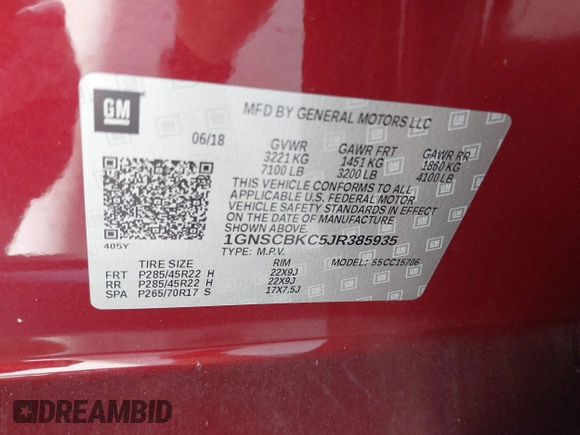 2018 Chevrolet Tahoe LT with VIN 1GNSCBKC5JR385935, listed as a IAAI auction lot 42116288 with 50,890 mi miles and . Bid and sale history available at DreamBid. Image 9.