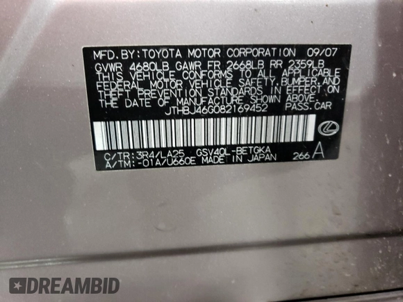 2008 Lexus ES with VIN JTHBJ46G082169452, listed as a Copart auction lot 60909264 with 159,519 mi miles and Salvage Title. Bid and sale history available at carsss.com. Image 12.