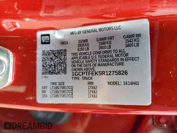 2024 Chevrolet Colorado 4WD ZR2 with VIN 1GCPTFEK5R1275826, listed as a Copart auction lot 58793545 with 6,359 mi miles and Salvage title. Bid and sale history available at DreamBid. Image 12.